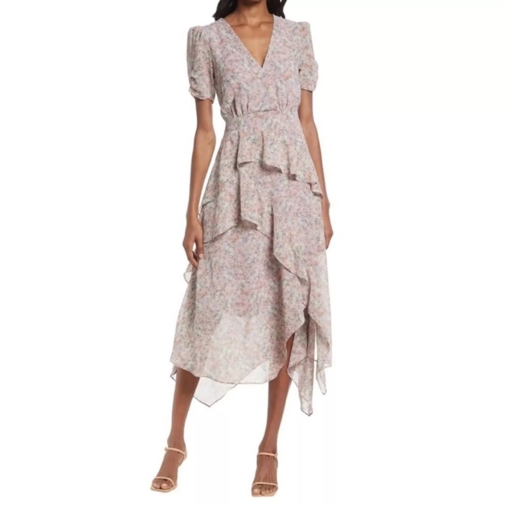Floret Studios Tiered Flowy Ruffle Formal Summer Dress in Lavender Floral Print
